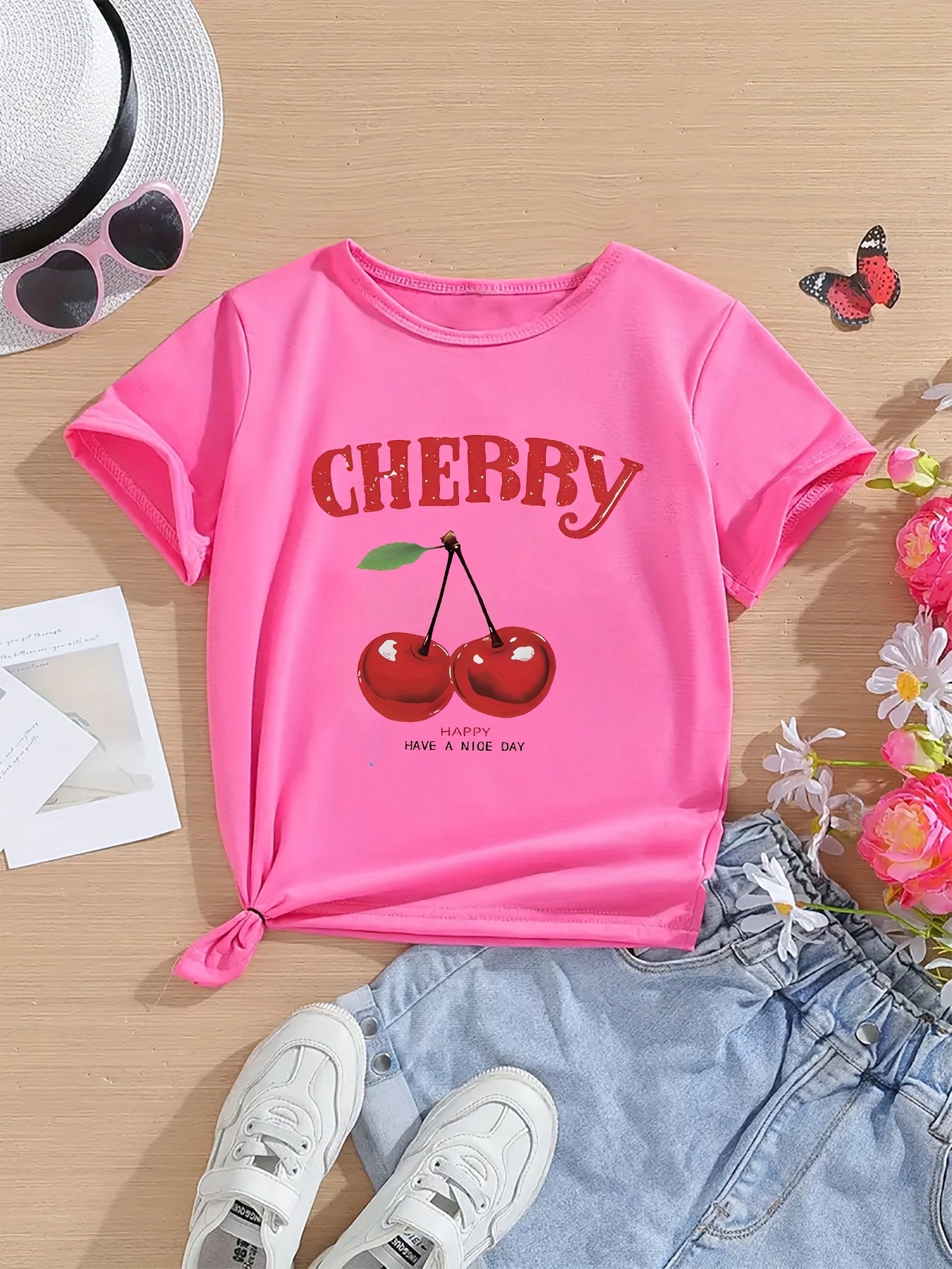 Girls' Cherry Graphic Tee - Soft & Quick-Dry Polyester Blend, Casual Round Neck Short Sleeve T-Shirt with "Have a Nice Day" Print, Perfect for Spring/Summer Outings, Girls Tshirts